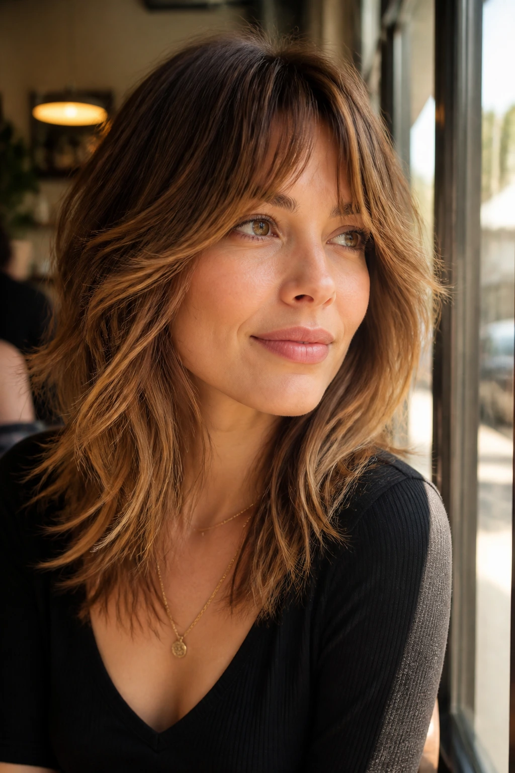 Real woman with layered shag and warm honey balayage in cafe daylight