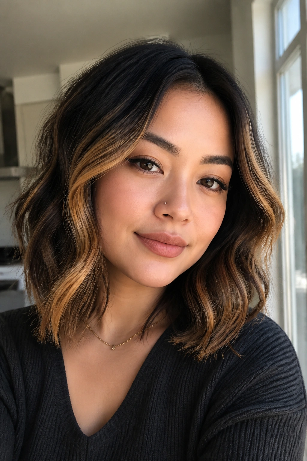 Portrait of a woman with warm honey highlights in a black wavy bob