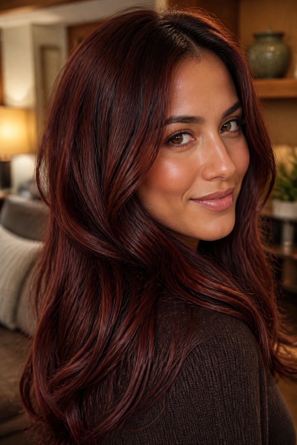 Close-up portrait of a real person with warm mahogany hair in cozy lighting