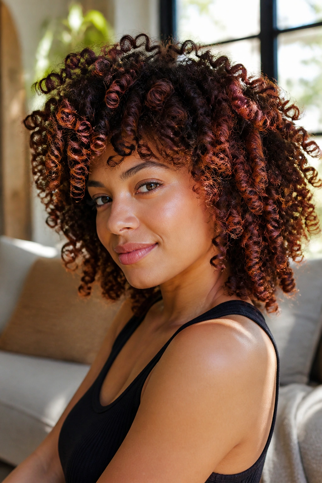 Close-up of a real woman with curls and coils showcasing warm rose highlights