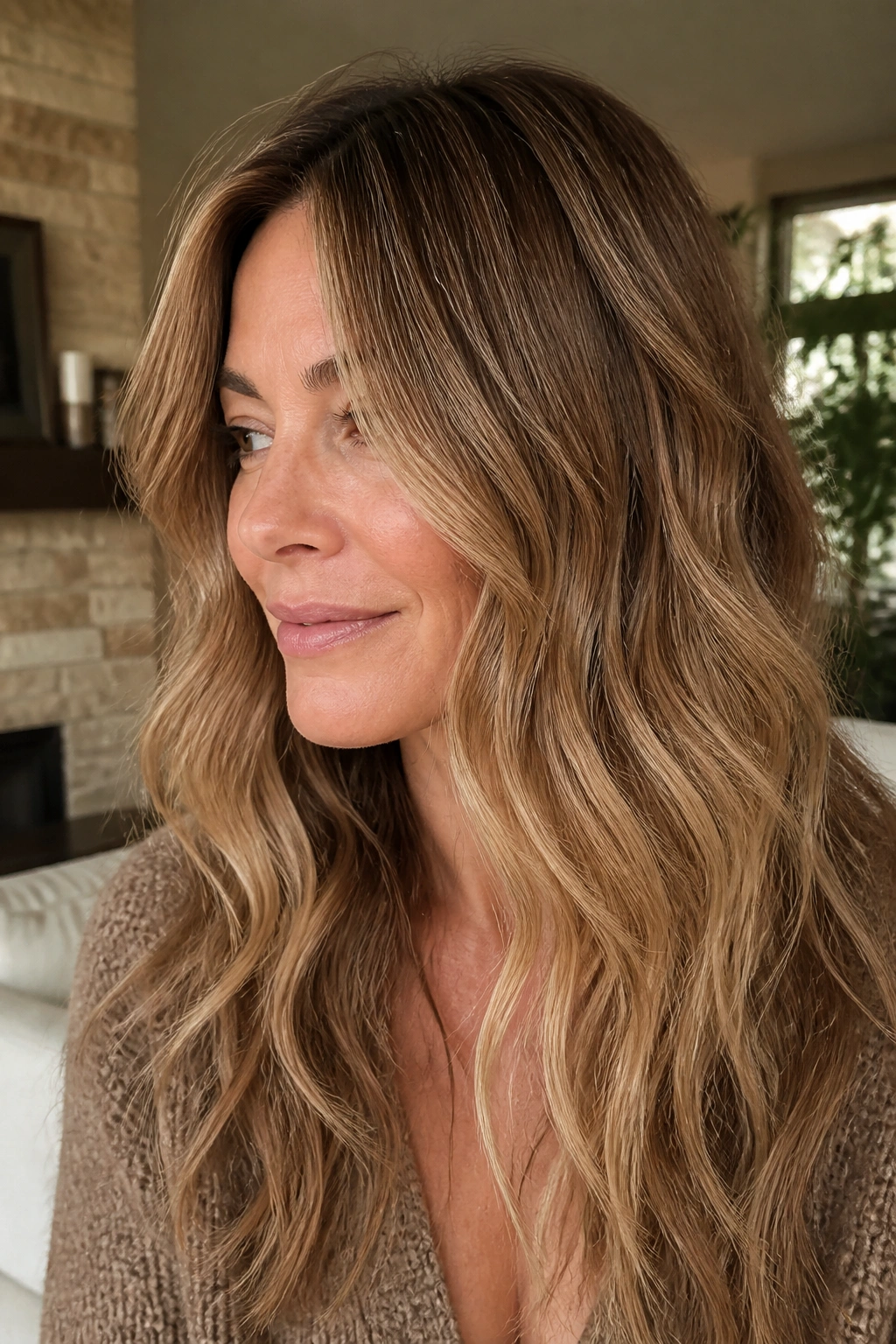 Close-up portrait of a real woman with warm suede blonde textured waves