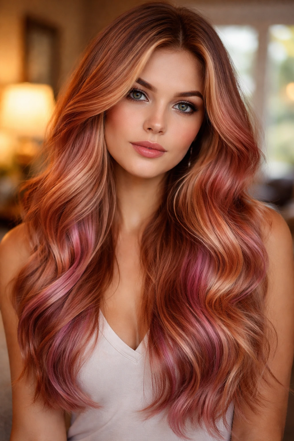 Portrait of a woman with warm sunset blonde hair in a cozy room