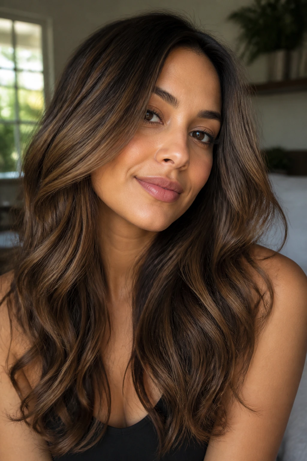 Brunette with warm truffle lowlights on olive skin in close-up portrait