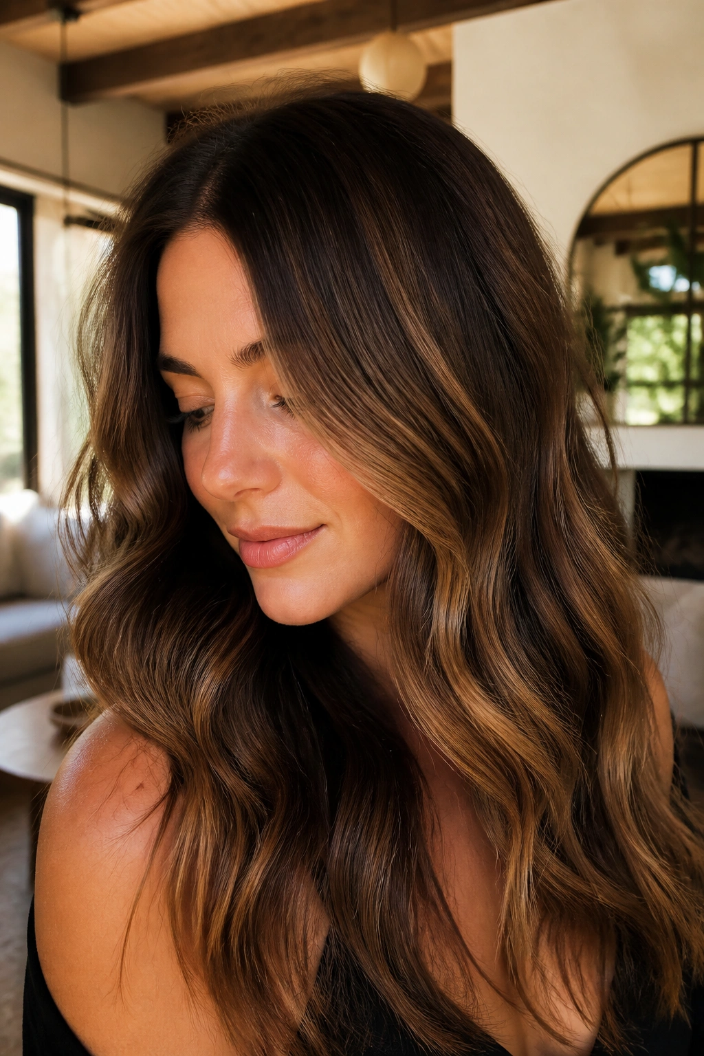 Close-up brunette with warm walnut balayage