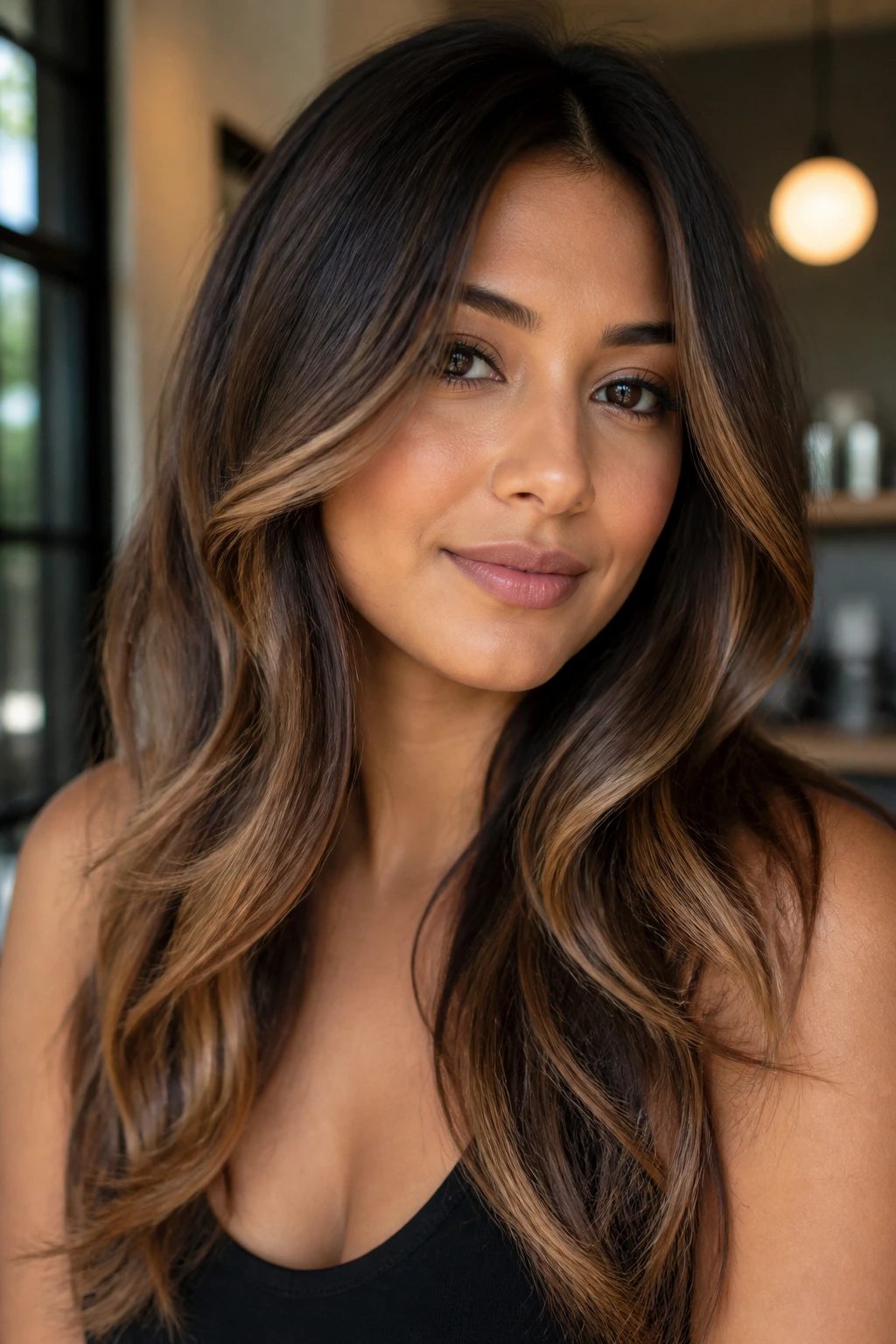 Real woman with warm walnut brown hair and champagne caramel highlights in soft indoor light