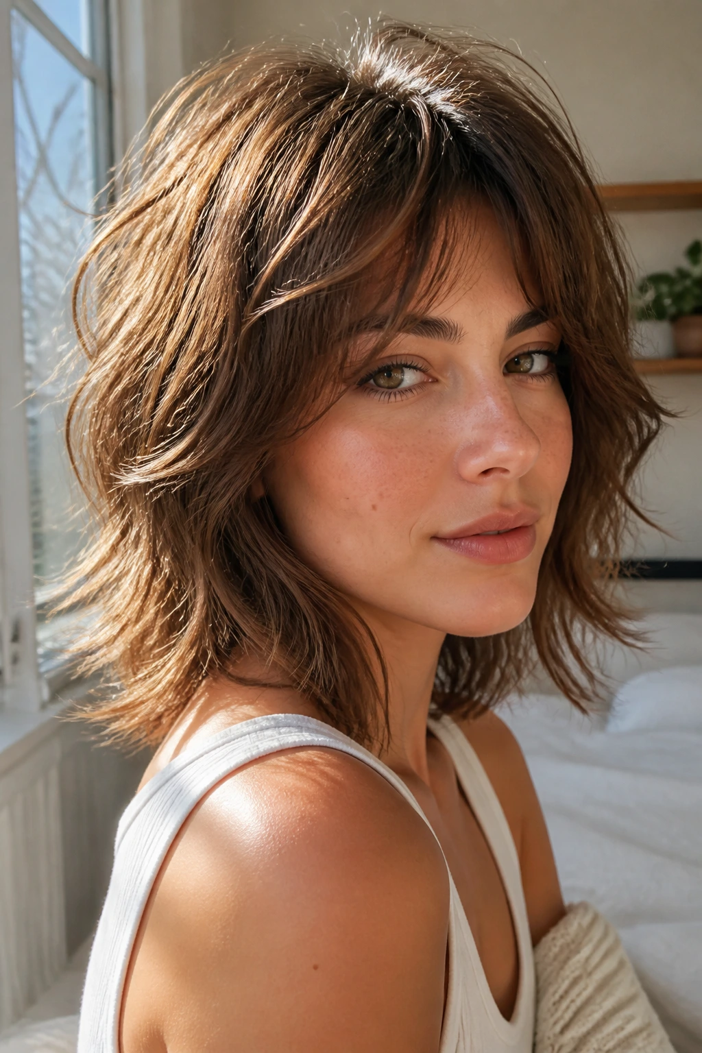 Close-up portrait of a woman with an airy wash-and-go shag.