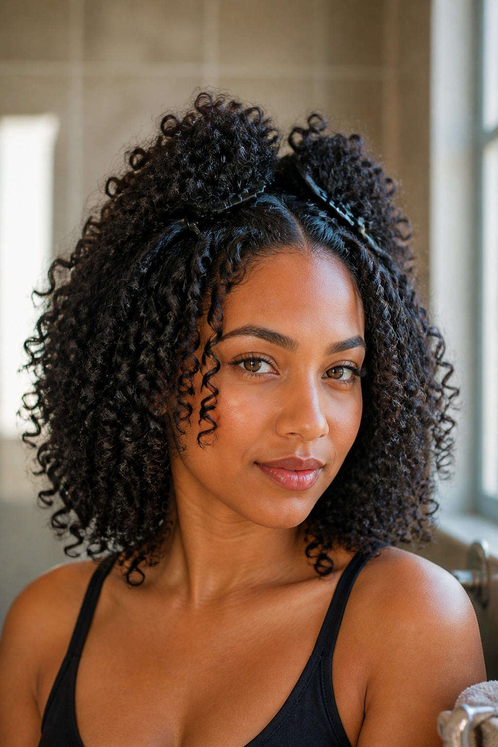 Close-up of a real woman with defined curls and clipped roots at the crown in a softly lit bathroom.