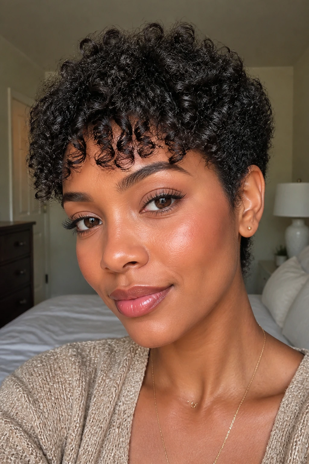 Close-up portrait of a real woman with a wash-and-go natural curly pixie, curls framing the face.