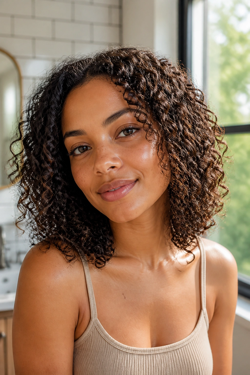Close-up of a real woman with shoulder-length curly wash-and-go hairstyle