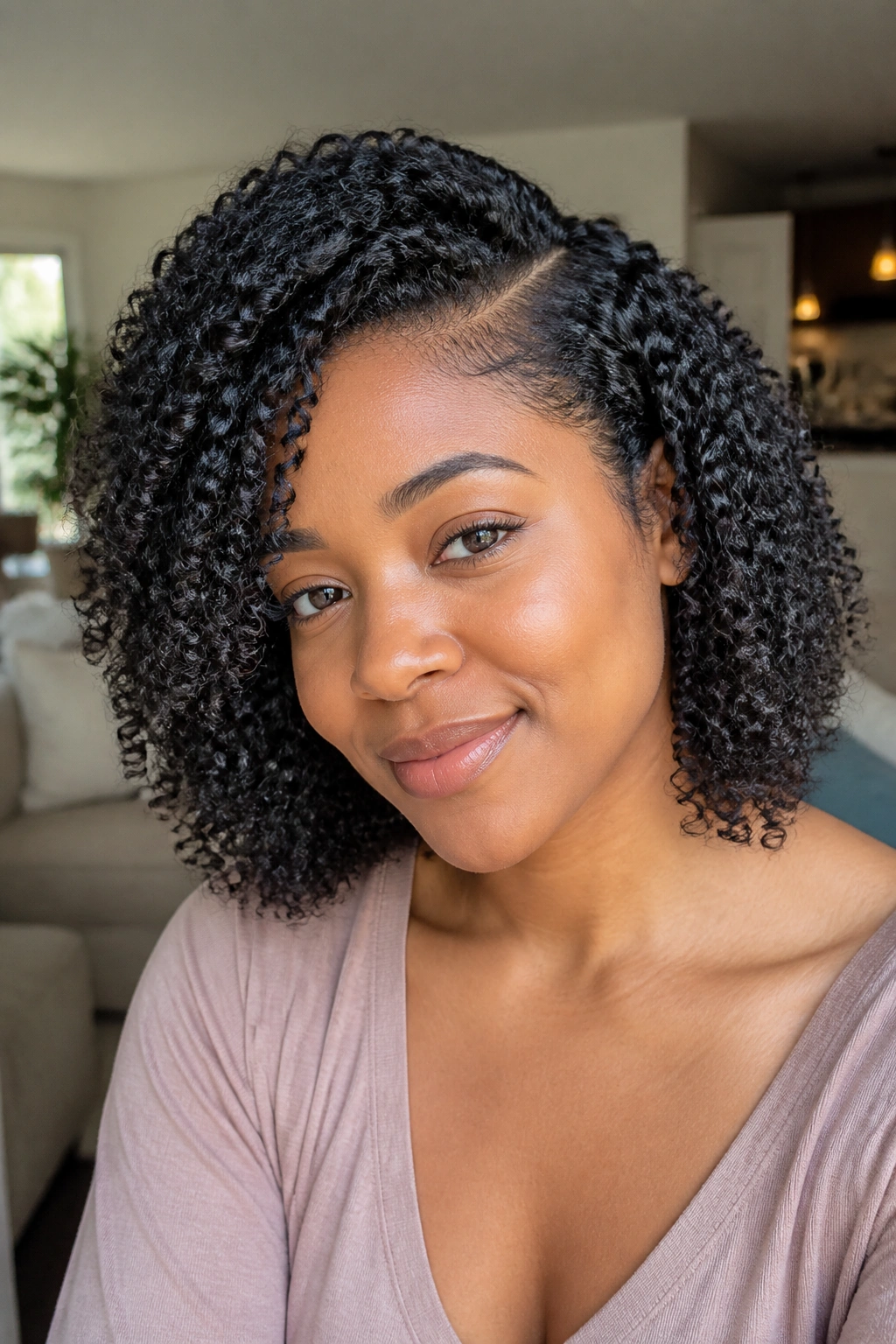 Close-up of person with deep side-part wash-and-go curls