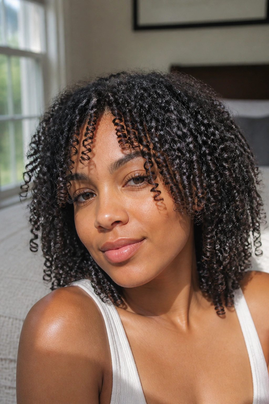 Close-up of a real woman with defined wash-and-go curls in natural window light