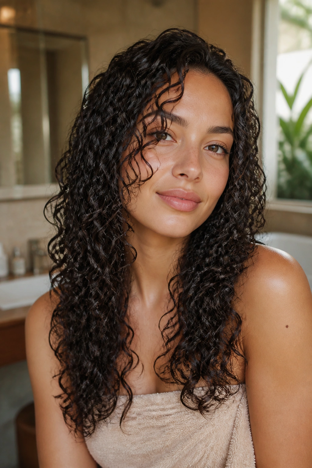 Close-up of a woman with long layered wash-and-go curls in a softly lit bathroom.