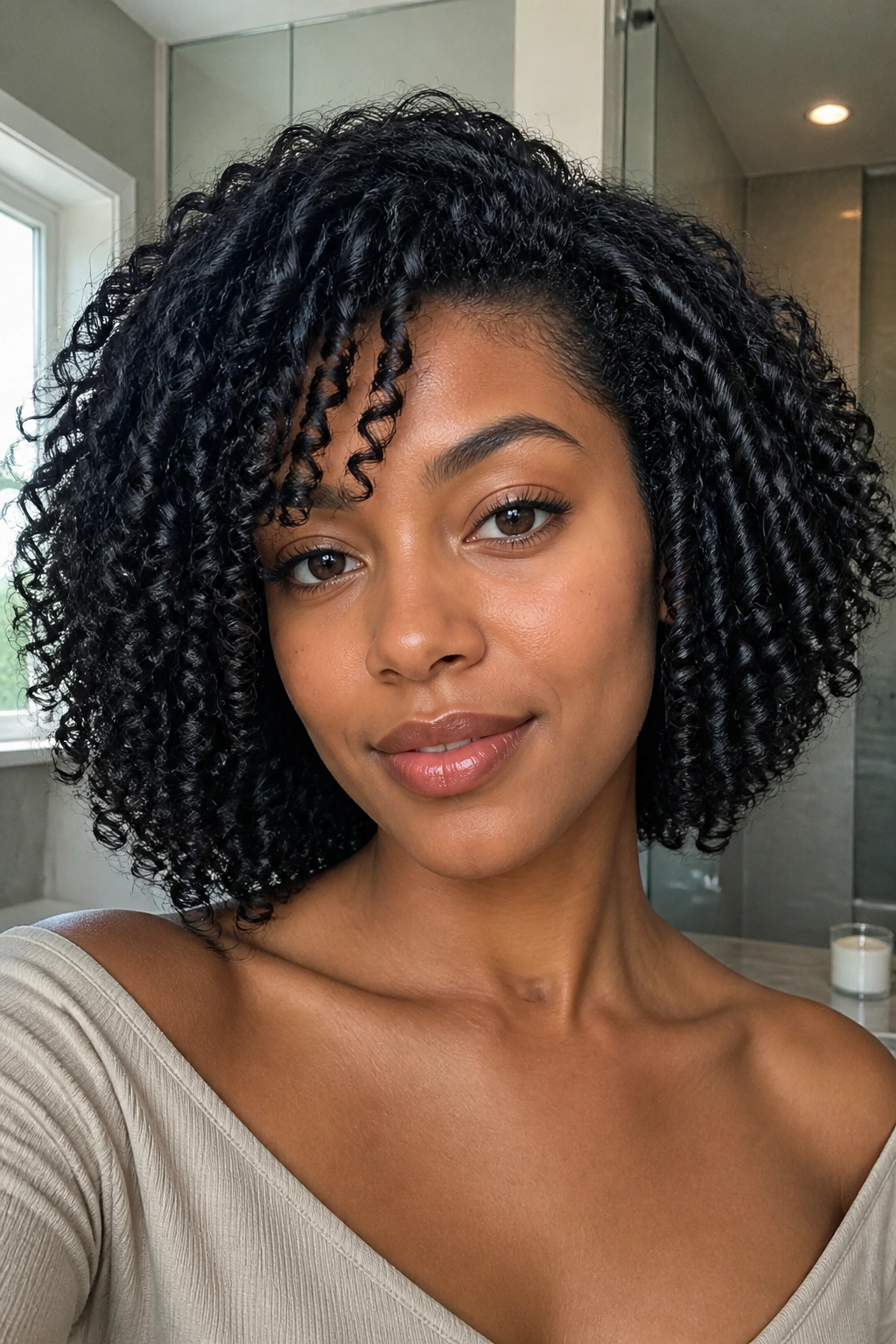 Close-up portrait of a real woman with defined wash-and-go curls in a bathroom light