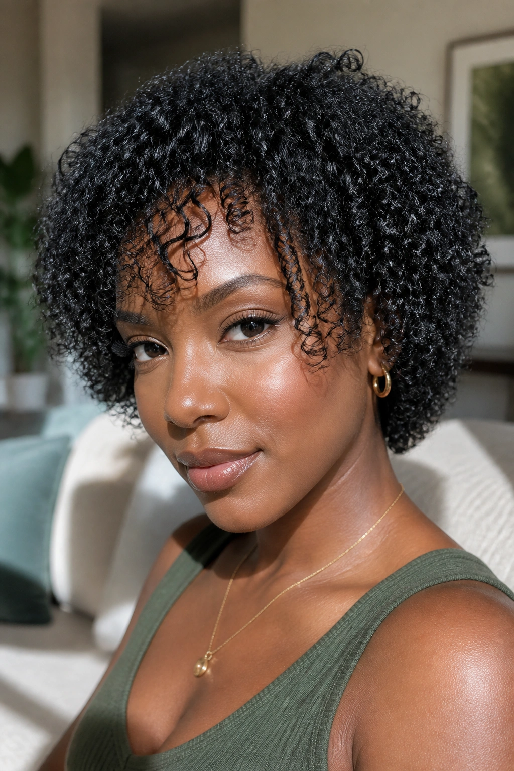 Close-up portrait of a real Black woman with defined wash-and-go curls in natural light