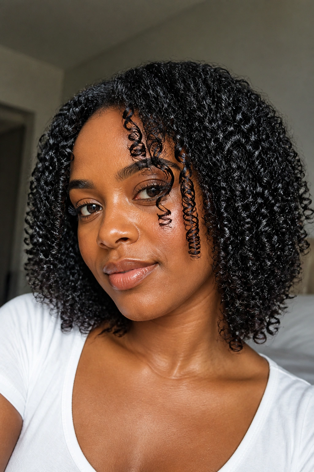 Close-up of a real Black woman's defined wash-and-go curls in window light