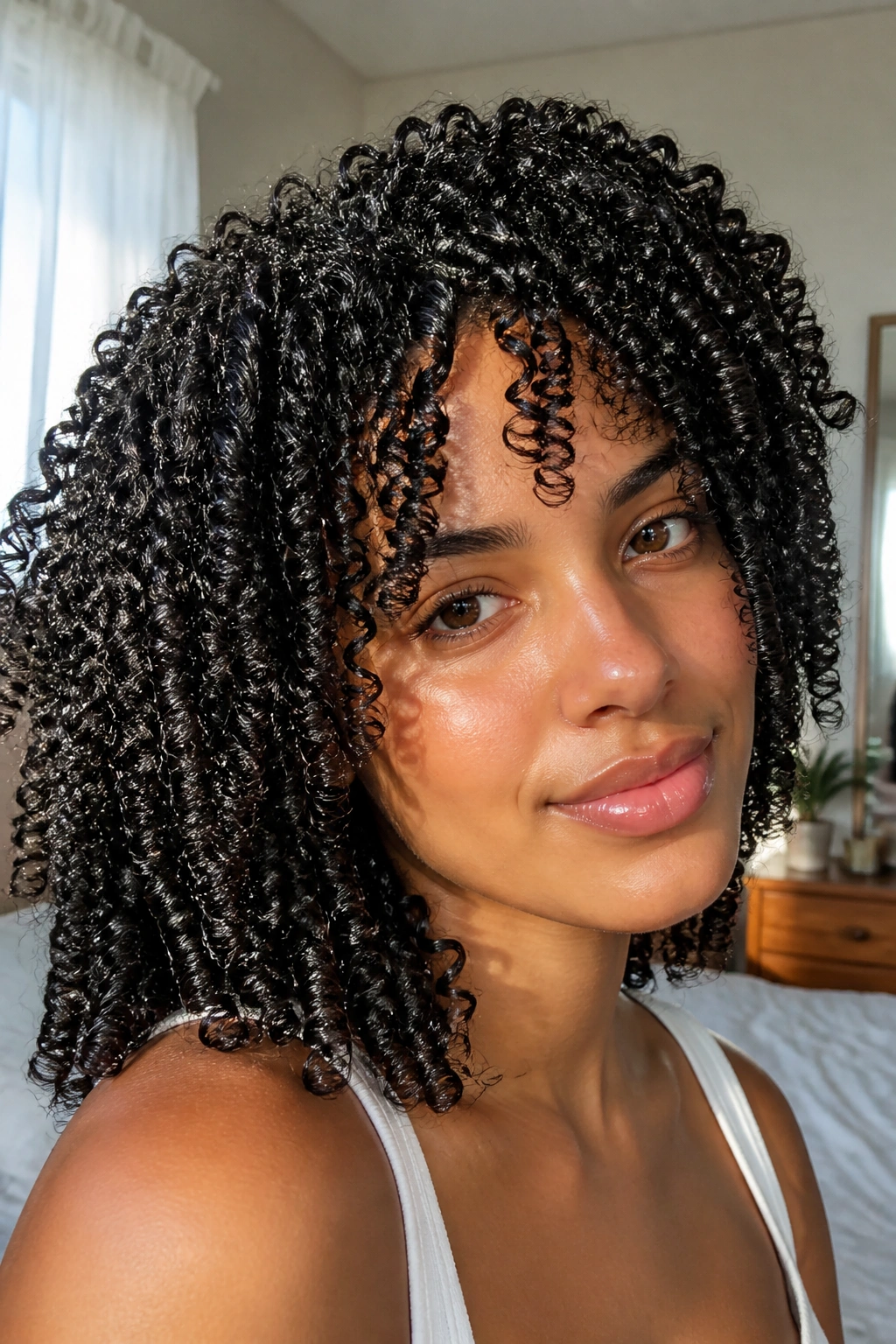 Close-up of a real woman with a defined wash-and-go curl pattern