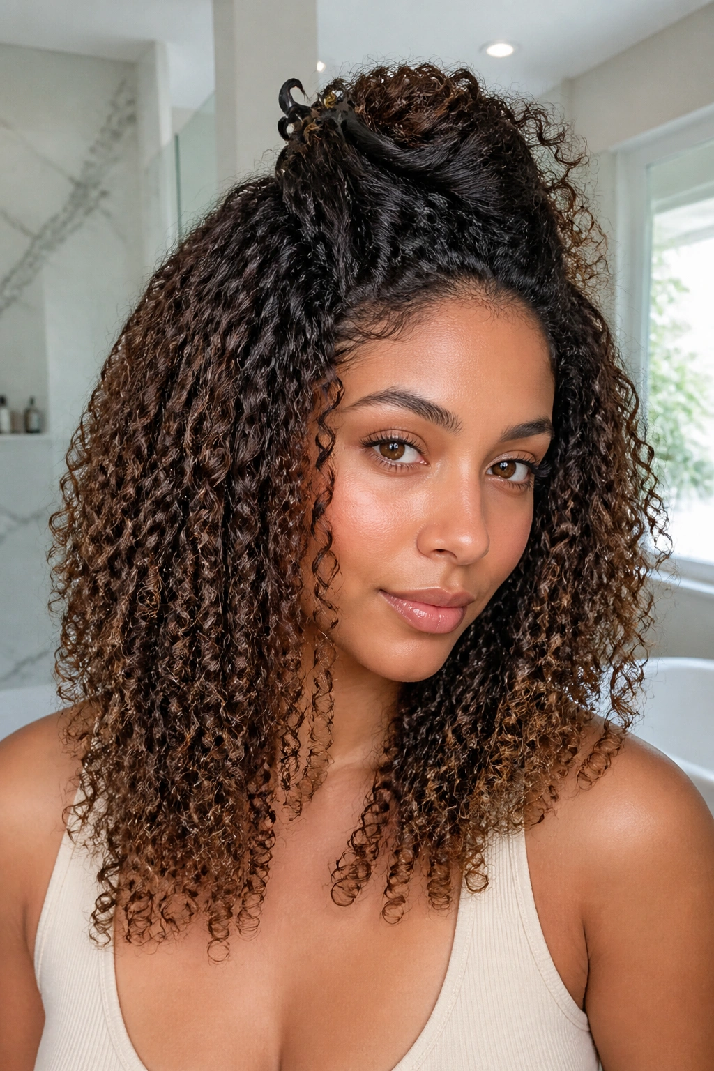 Close-up of a woman with defined wash-and-go and crown lift from root clipping