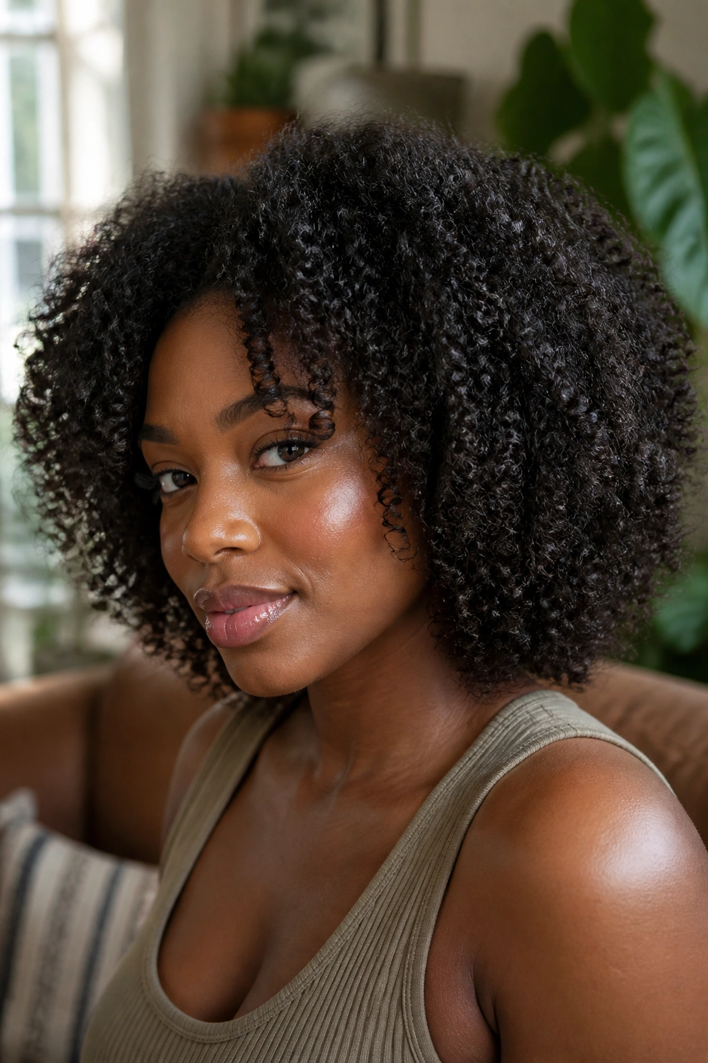 Close-up of a real woman with defined wash-and-go curls on thick natural hair in warm window light