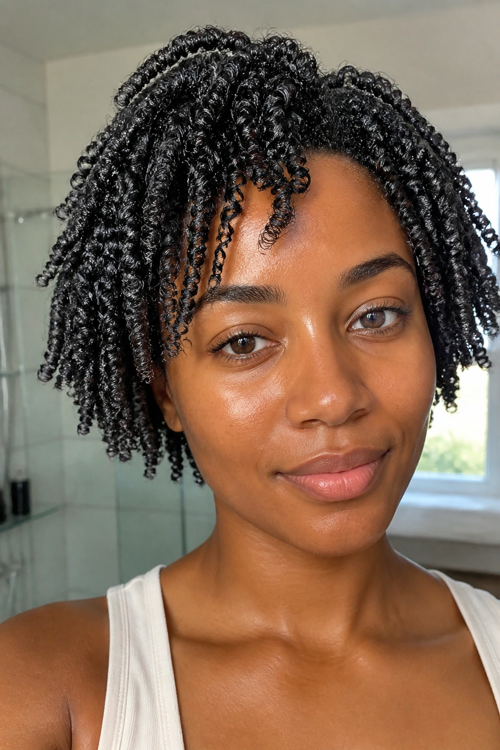 Close-up of a real person with wash-and-go coils defined by strong hold gel