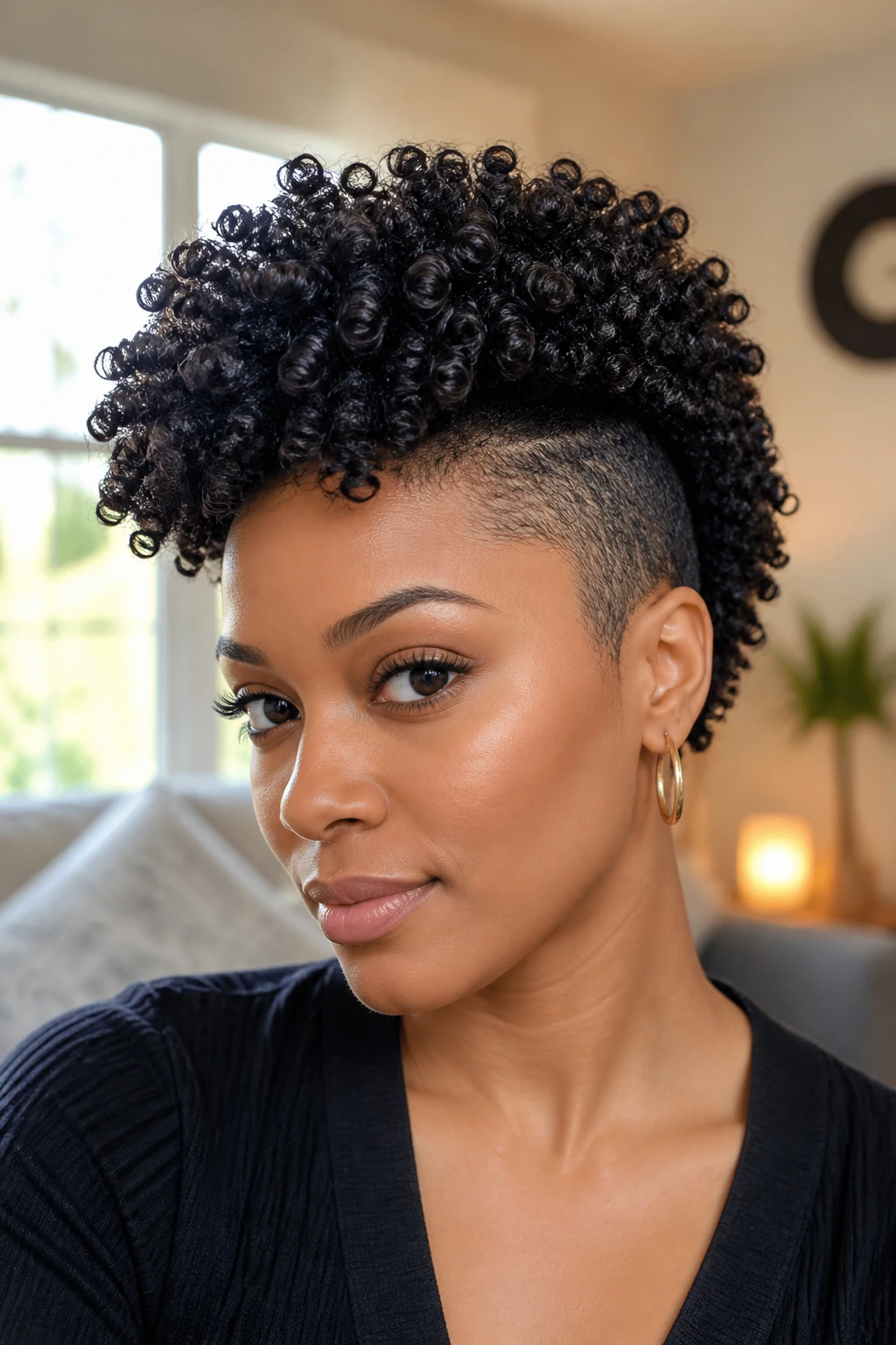 Close-up portrait of a real person with a defined wash-and-go Mohawk showing natural curls and center-forward shape.