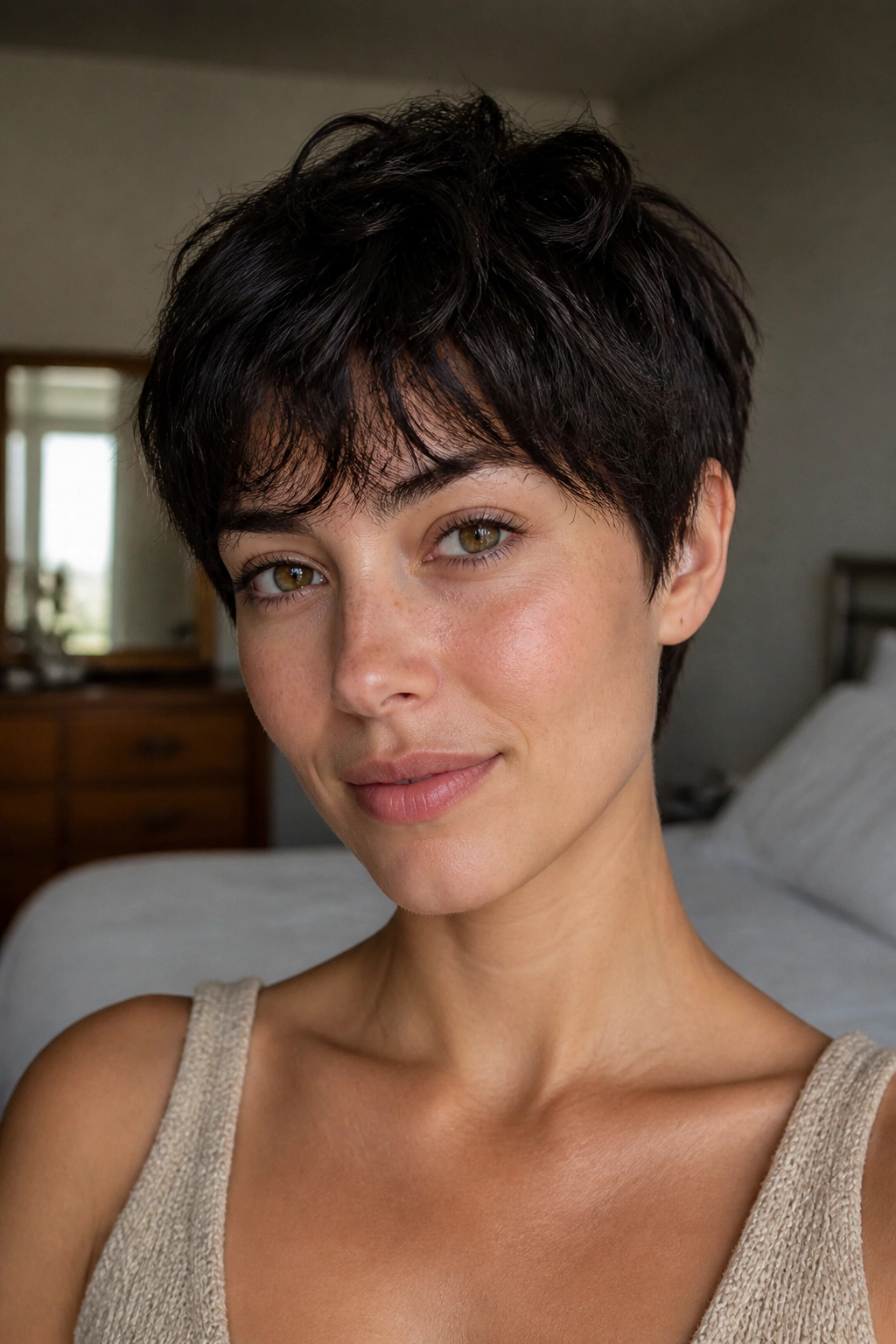 Close-up portrait of a real woman with wash-and-go shaggy pixie hairstyle and forward-fringe.