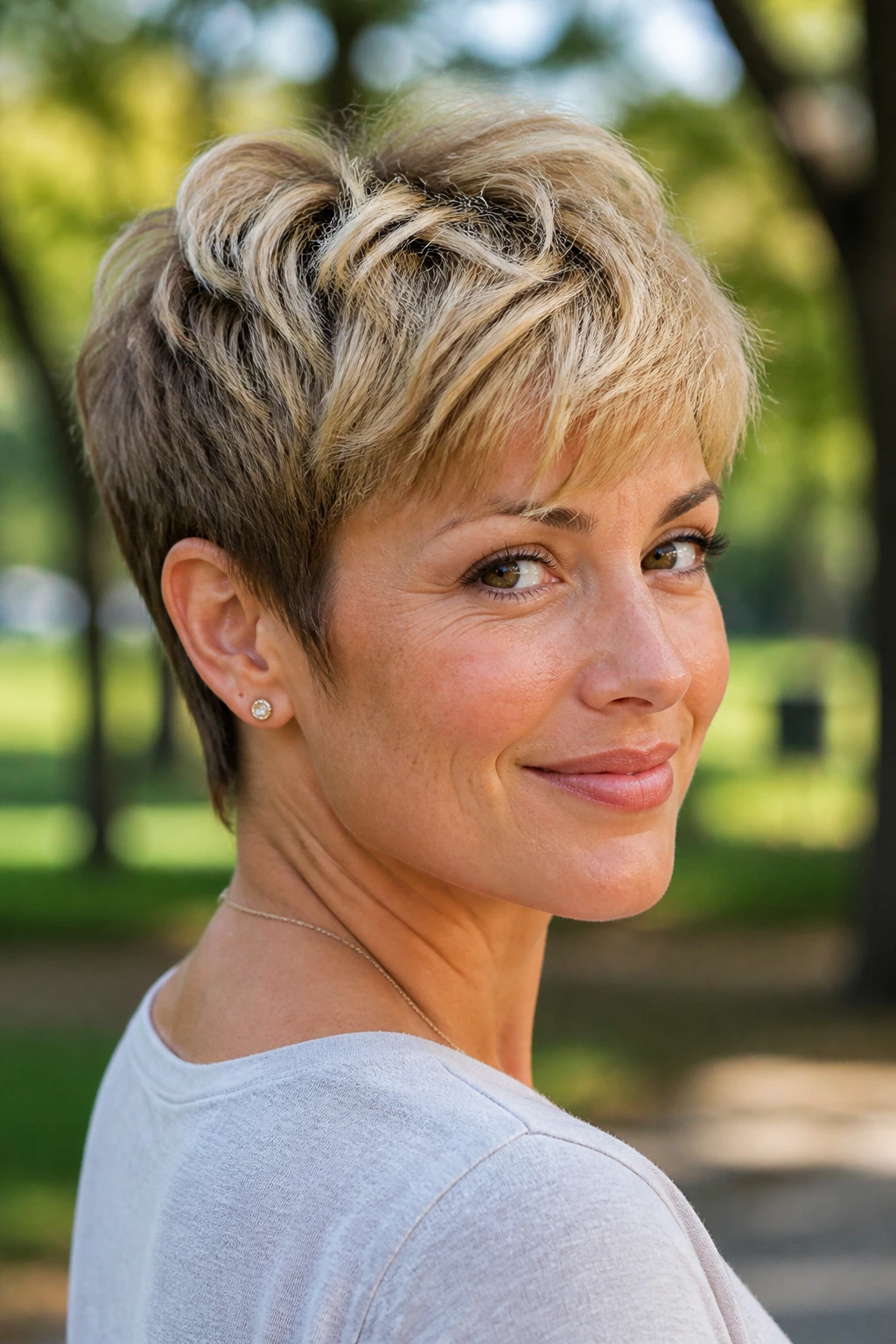 Portrait of real woman with wash-and-go stacked pixie in outdoor daylight