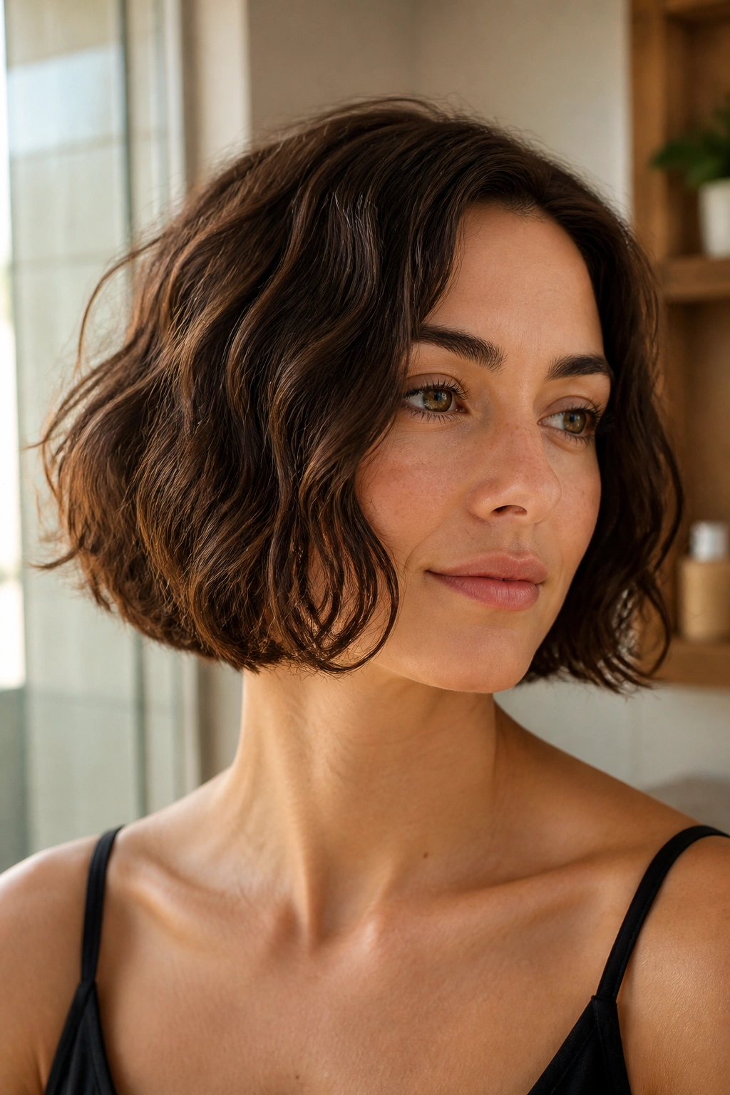 Close-up of a real woman with a wash-and-go wavy bob and a clean blunt base