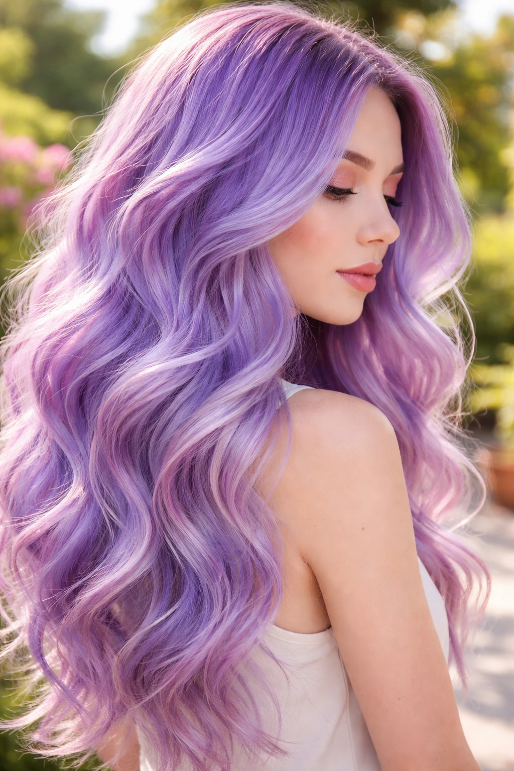 Close-up portrait of a real person with watercolor pastel purple hair in a watercolor wash