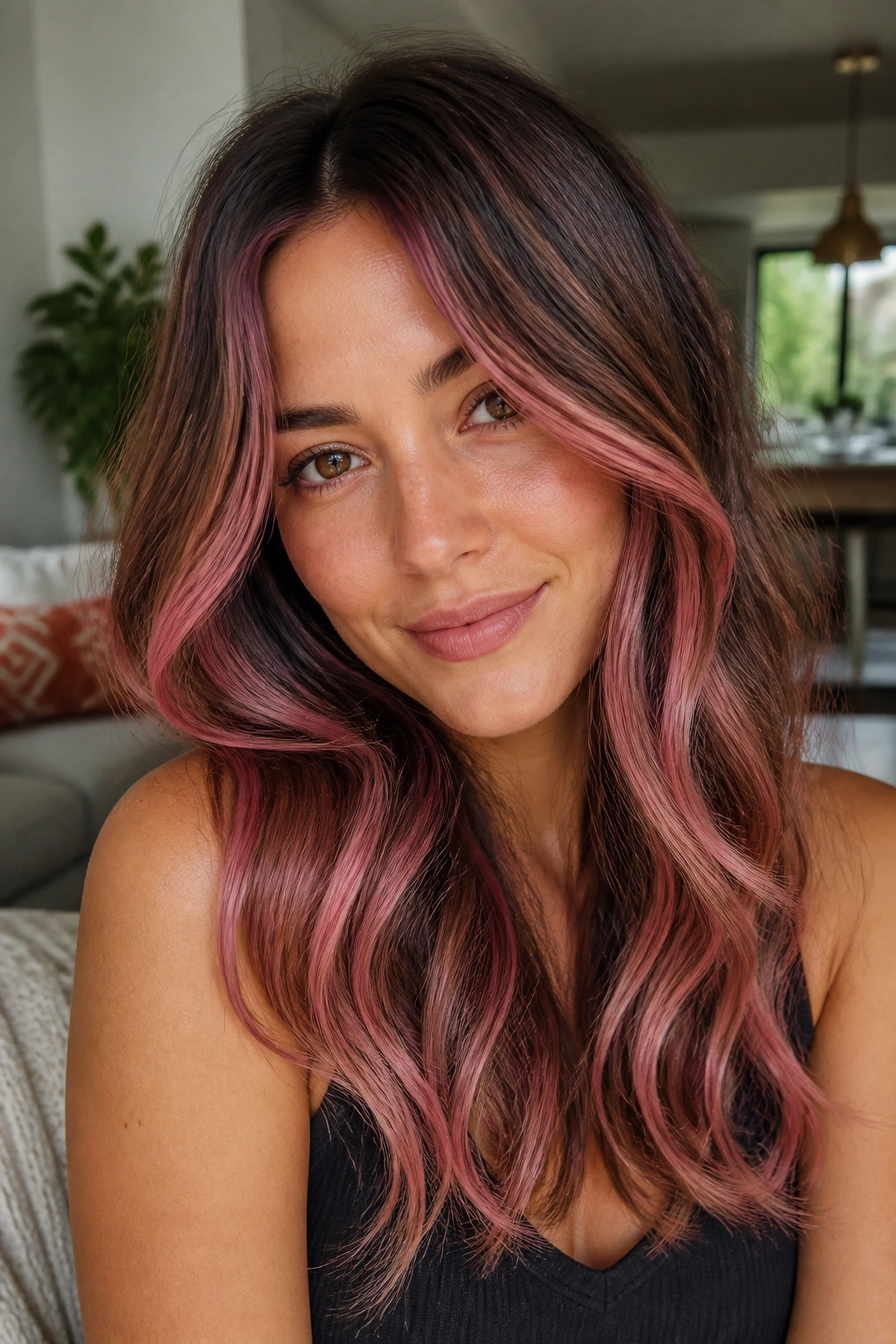 Close-up of a real woman with watercolor pink ribbons on brown hair
