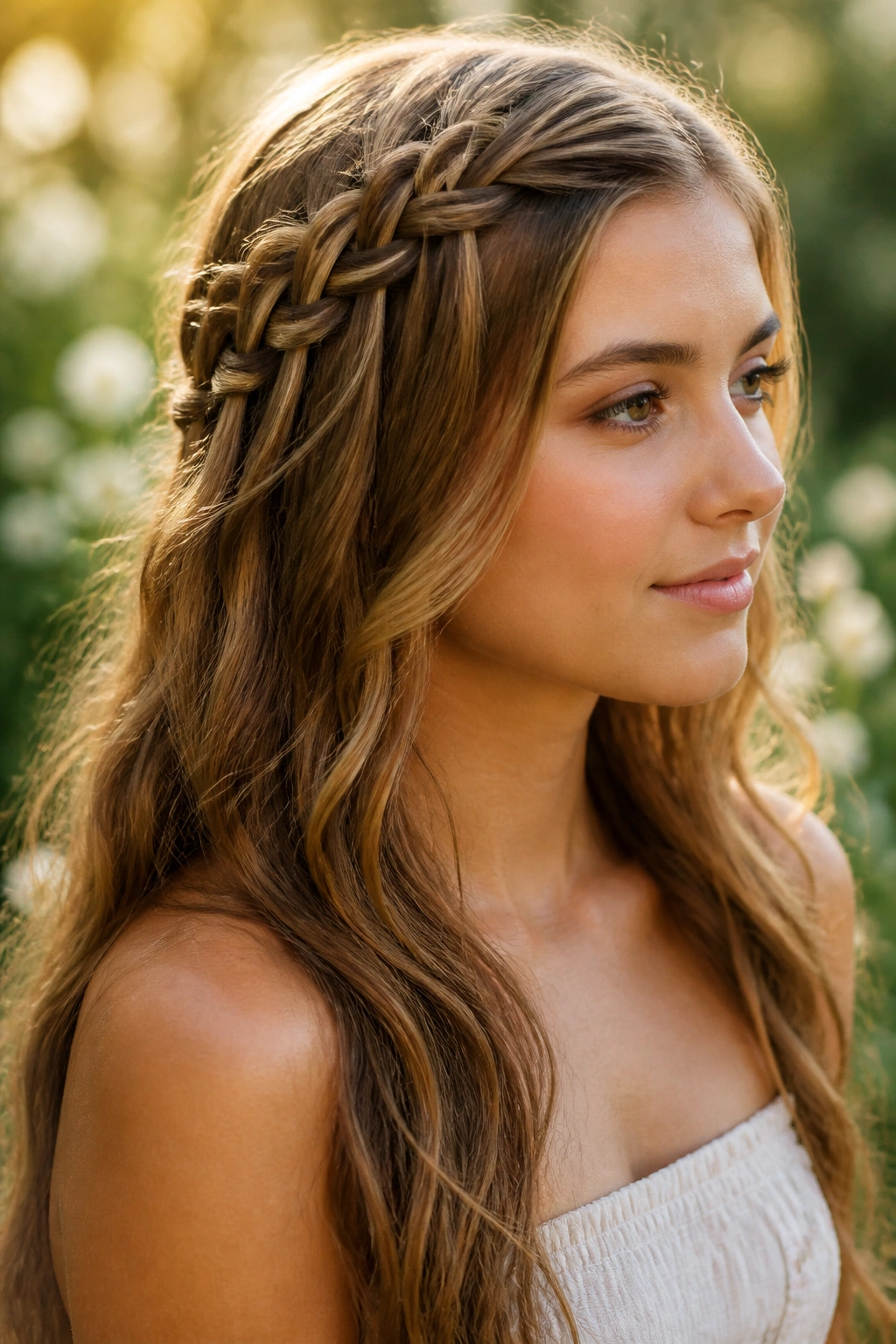 Real woman with waterfall braid in garden lighting