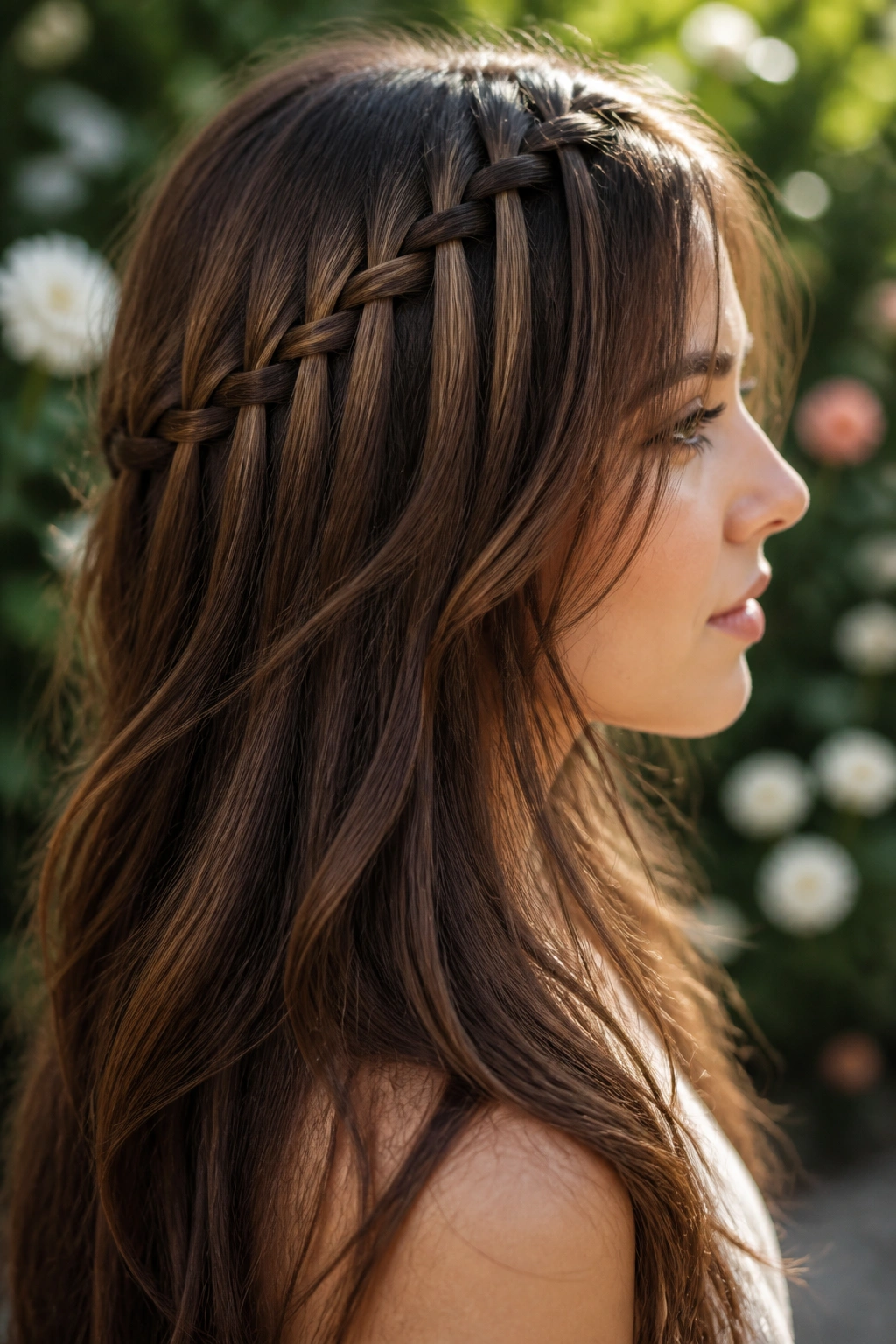 Side-profile of a real woman with a waterfall braid on long brown hair