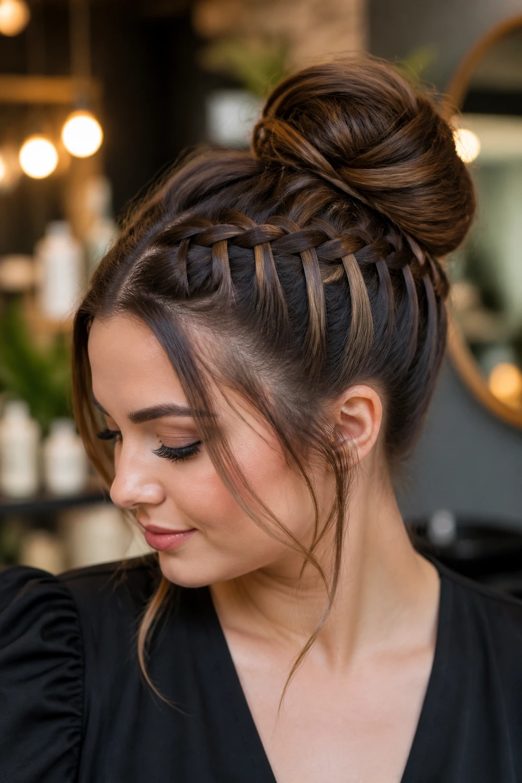 Real person with waterfall braid feeding into a high bun