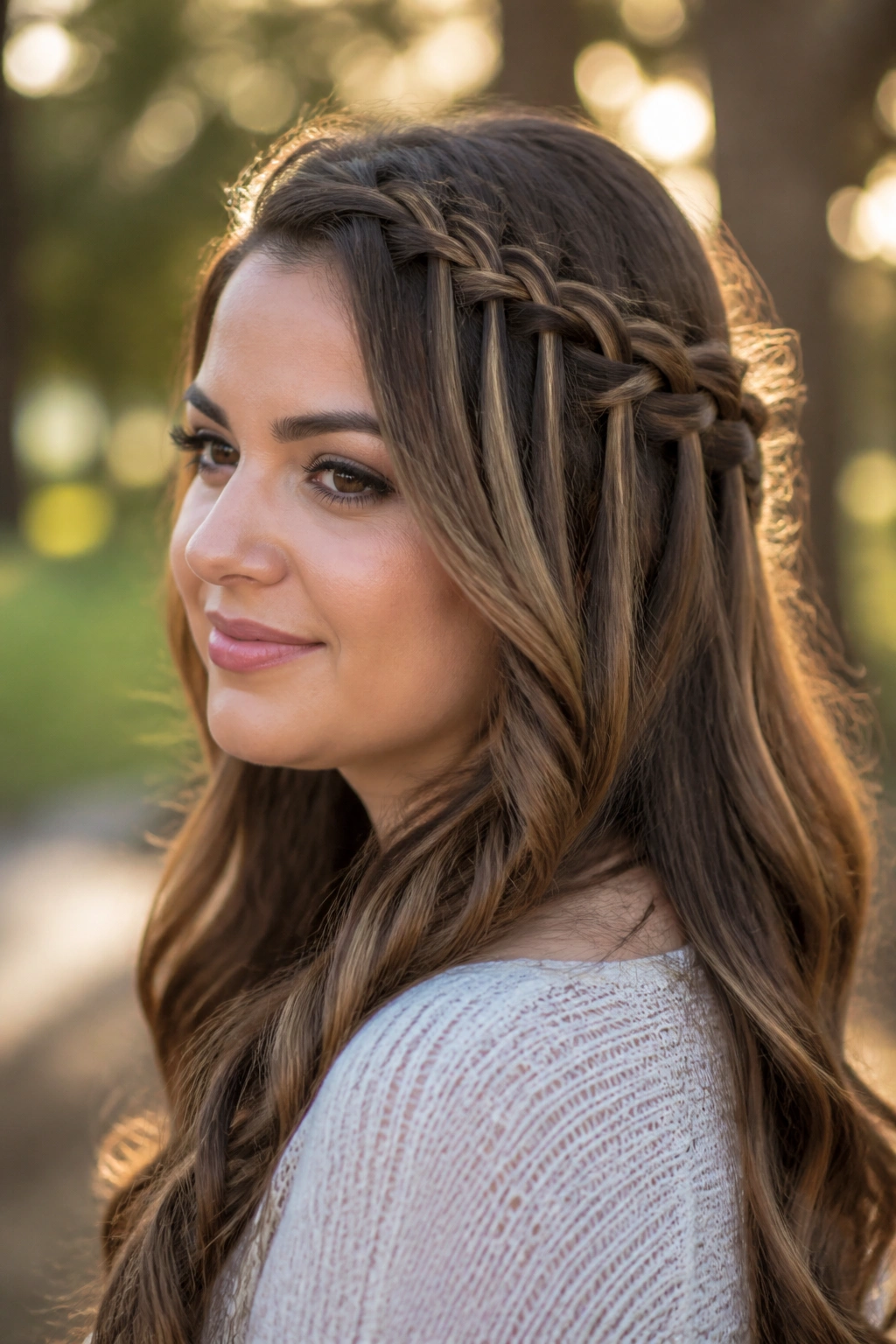 Real woman wearing a waterfall braid on the temple, with long loose hair.