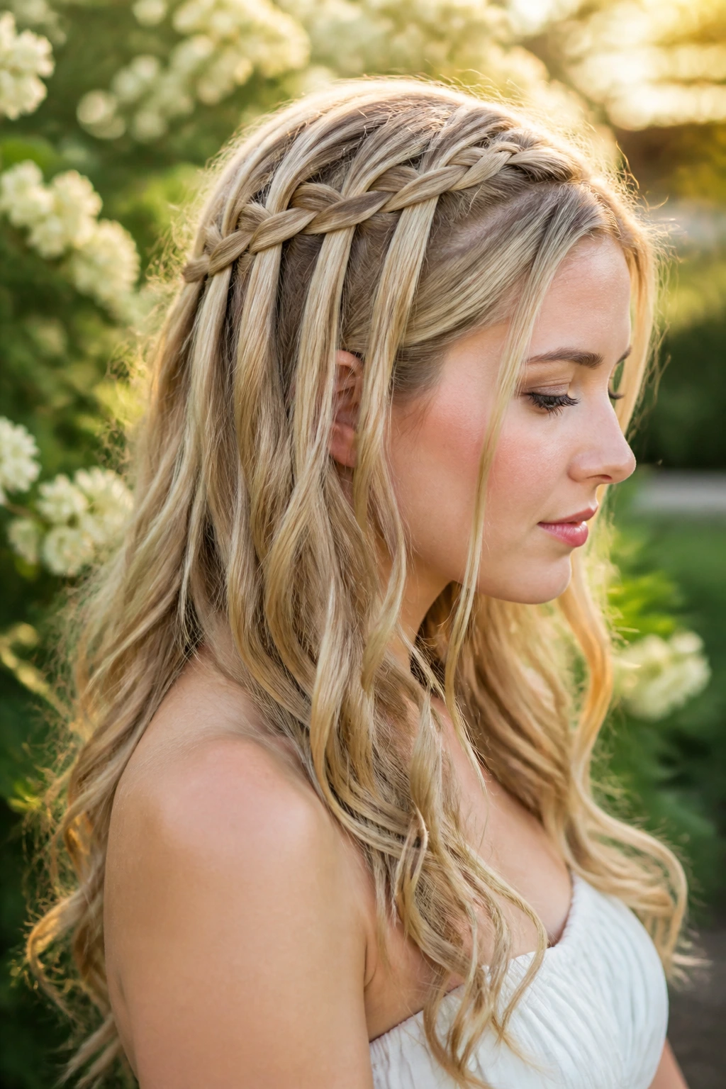 Close-up of a real woman with a waterfall braid across the crown and loose strands
