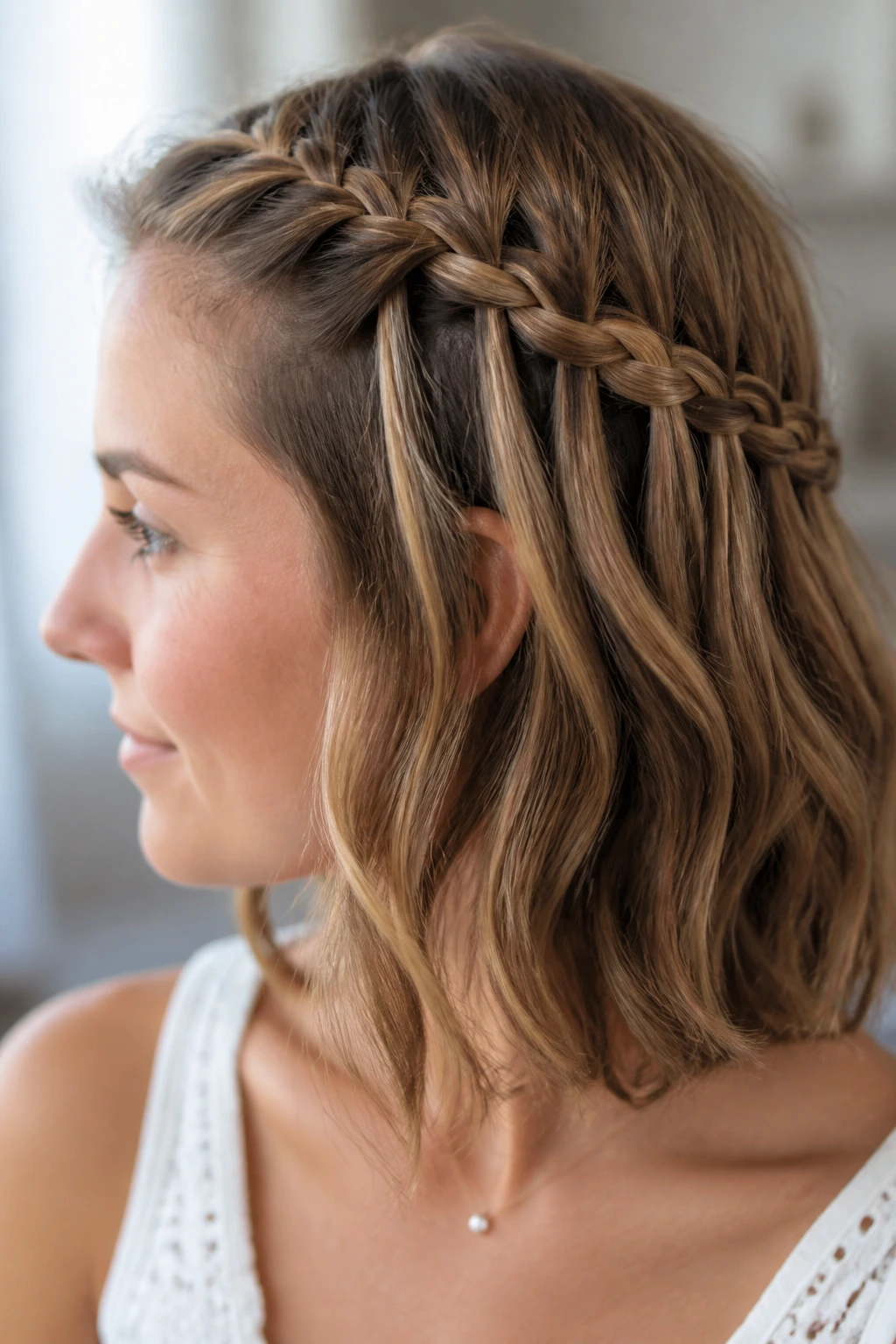 Close-up portrait of a real woman with a waterfall braid along the side of her head, natural textured hair, window light.