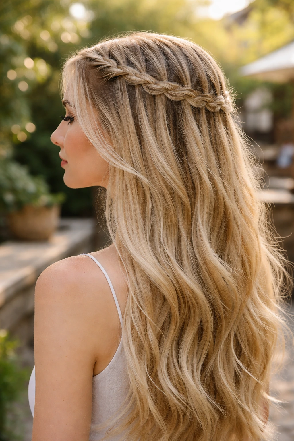 Side-profile portrait of a real woman with a waterfall braid across the crown