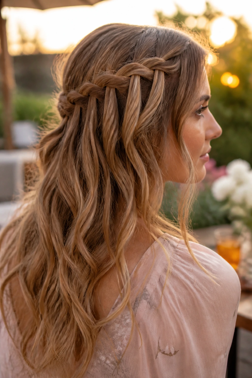Close-up of a real woman with a waterfall braid half-up in an outdoor garden at golden hour.