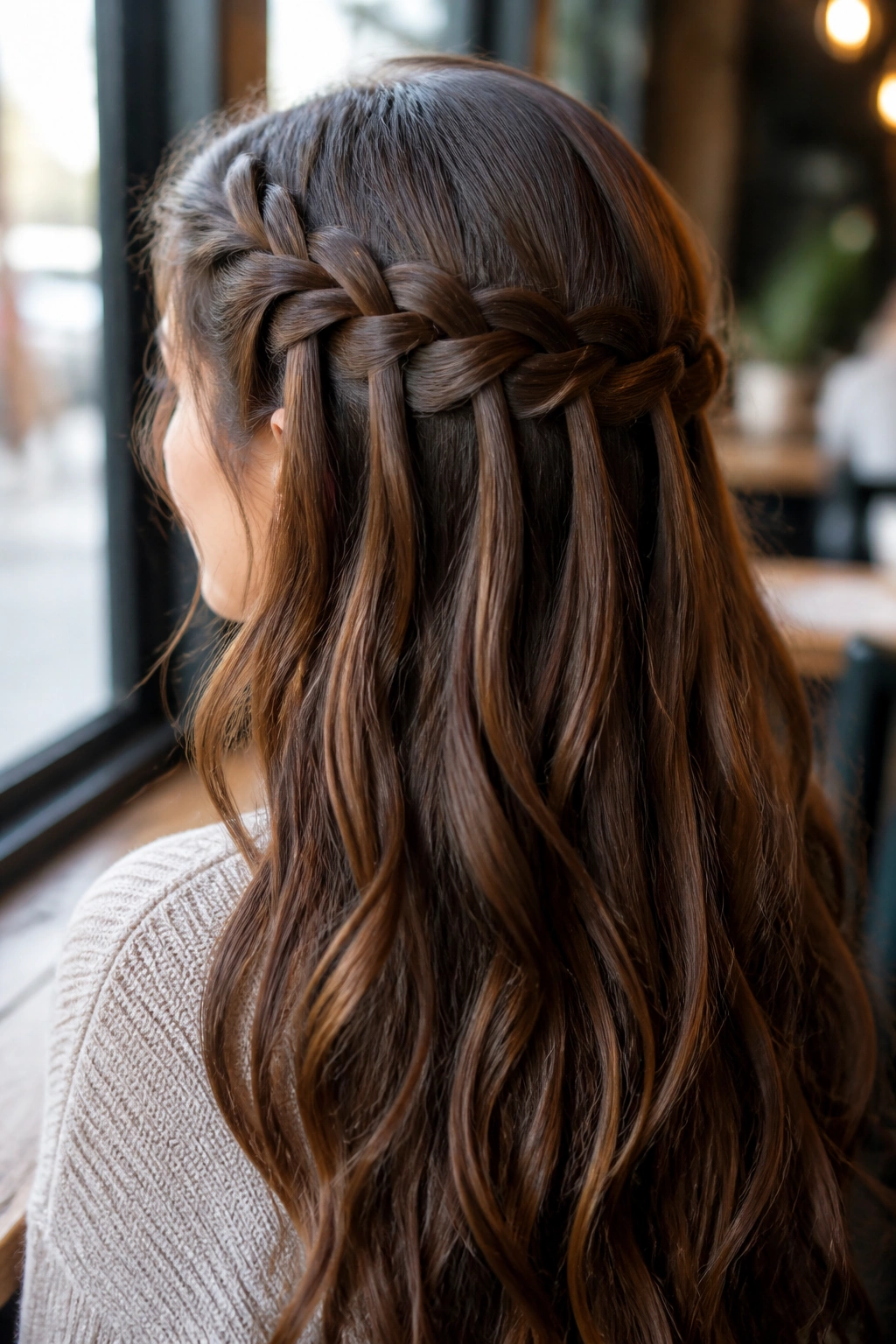 Close-up waterfall braid on long thick hair
