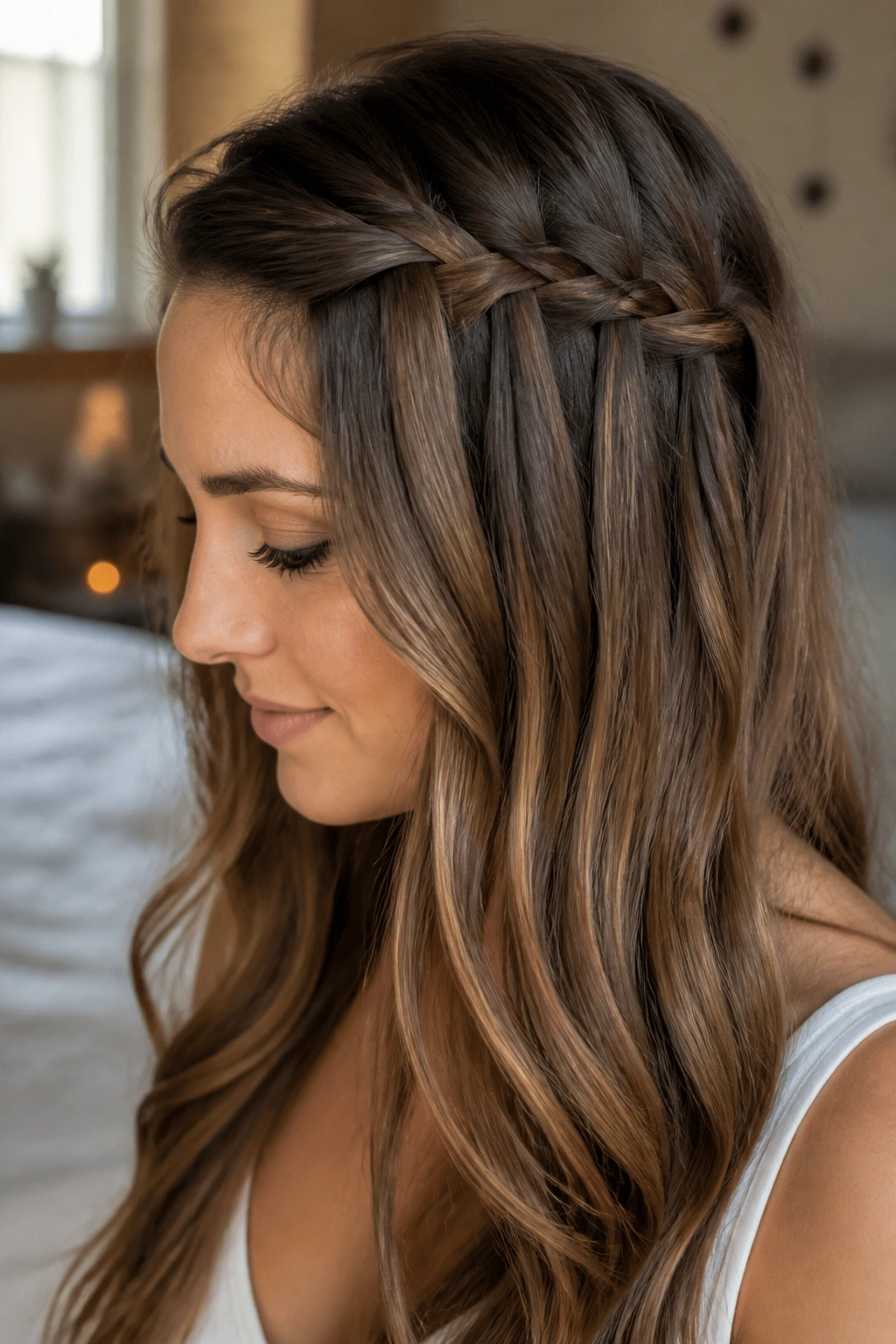 Close-up portrait of a real woman with a waterfall braid cascading along the side of her head