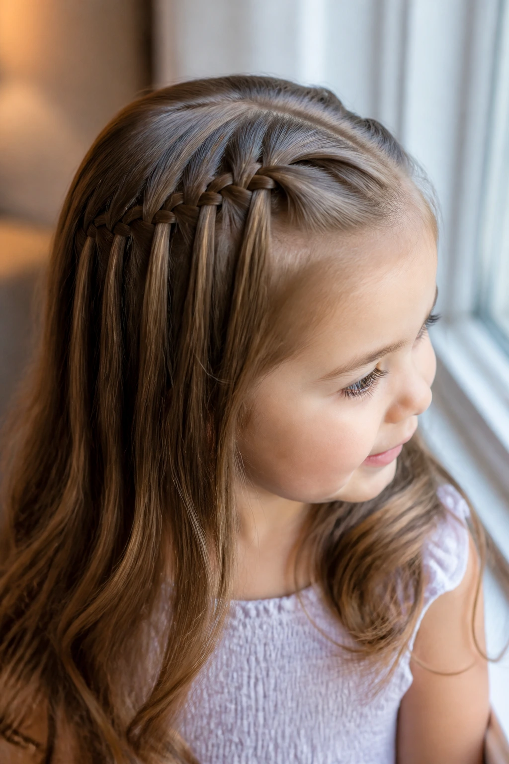 Close-up of a child with a waterfall half-up braid on long hair
