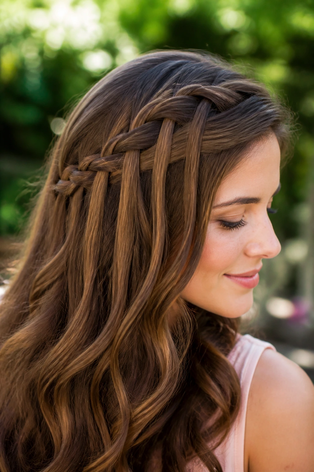 Close-up of a real woman with a waterfall side braid in natural light
