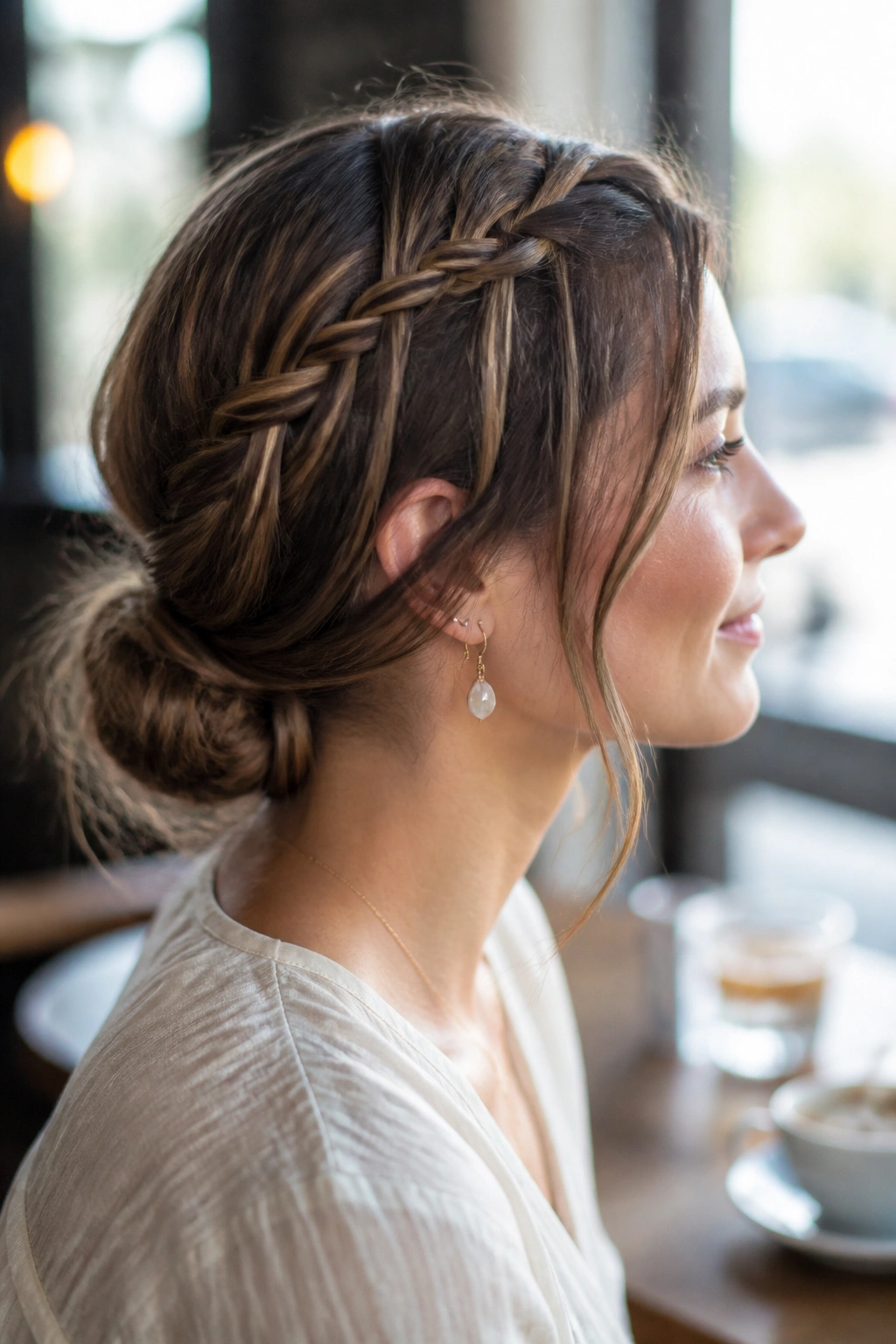 Side portrait of a woman with a waterfall braid and low bun in cafe window light