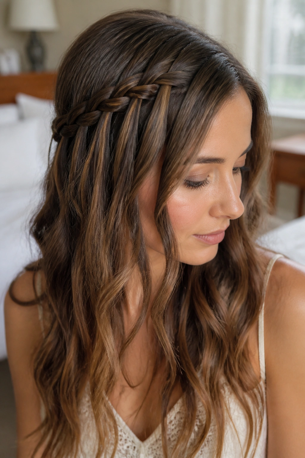 Close-up portrait of a real woman with a waterfall braid and loose waves.