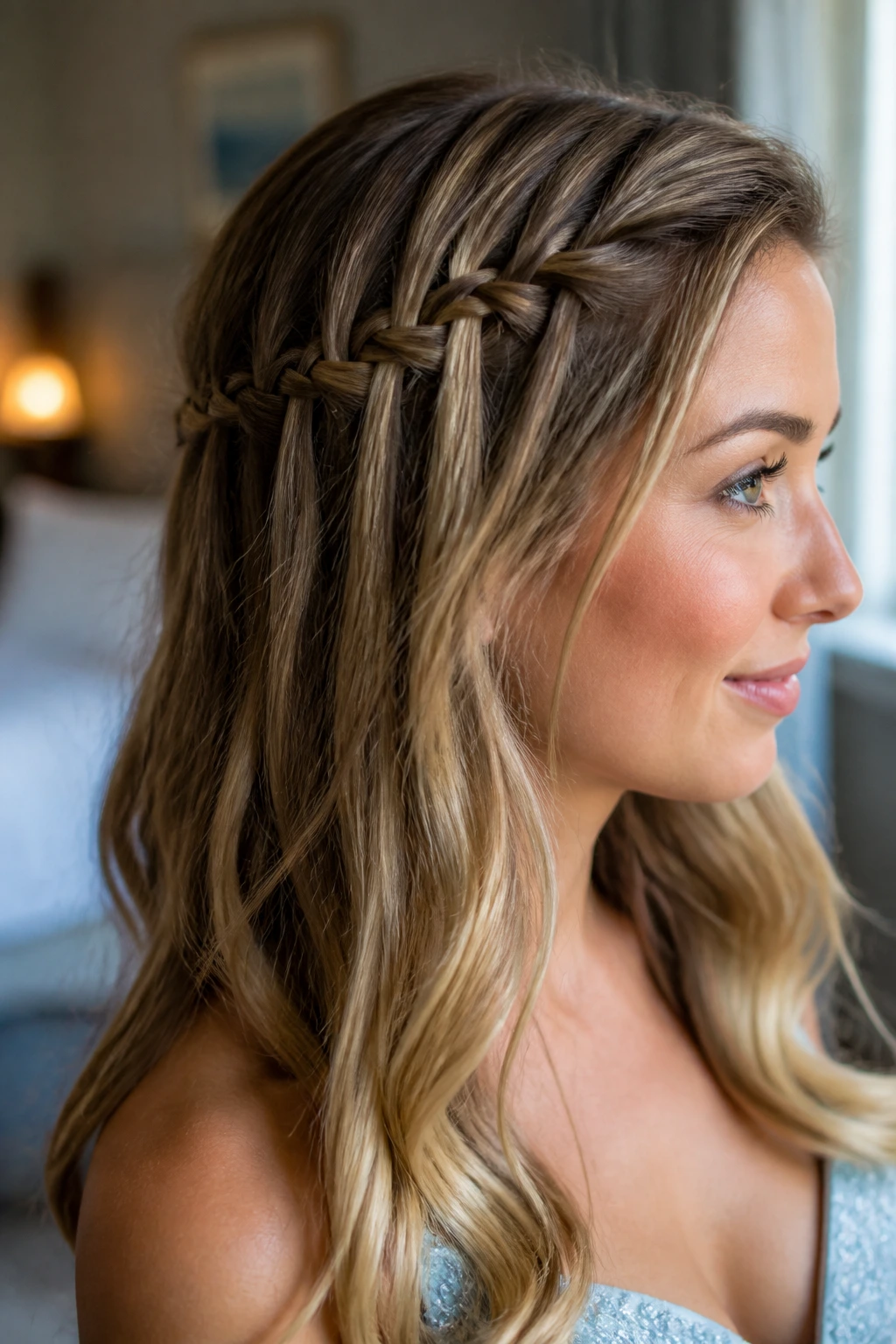 Close-up of a real woman with a waterfall braid along the side in warm window light.