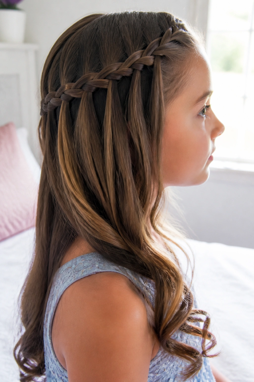 Side-profile of real girl with a waterfall braid and cascading strands in a bright bedroom.