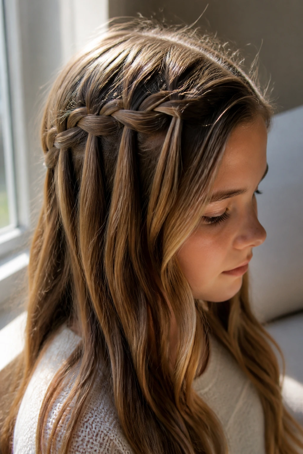 Close-up of a real person with a waterfall braid along the side