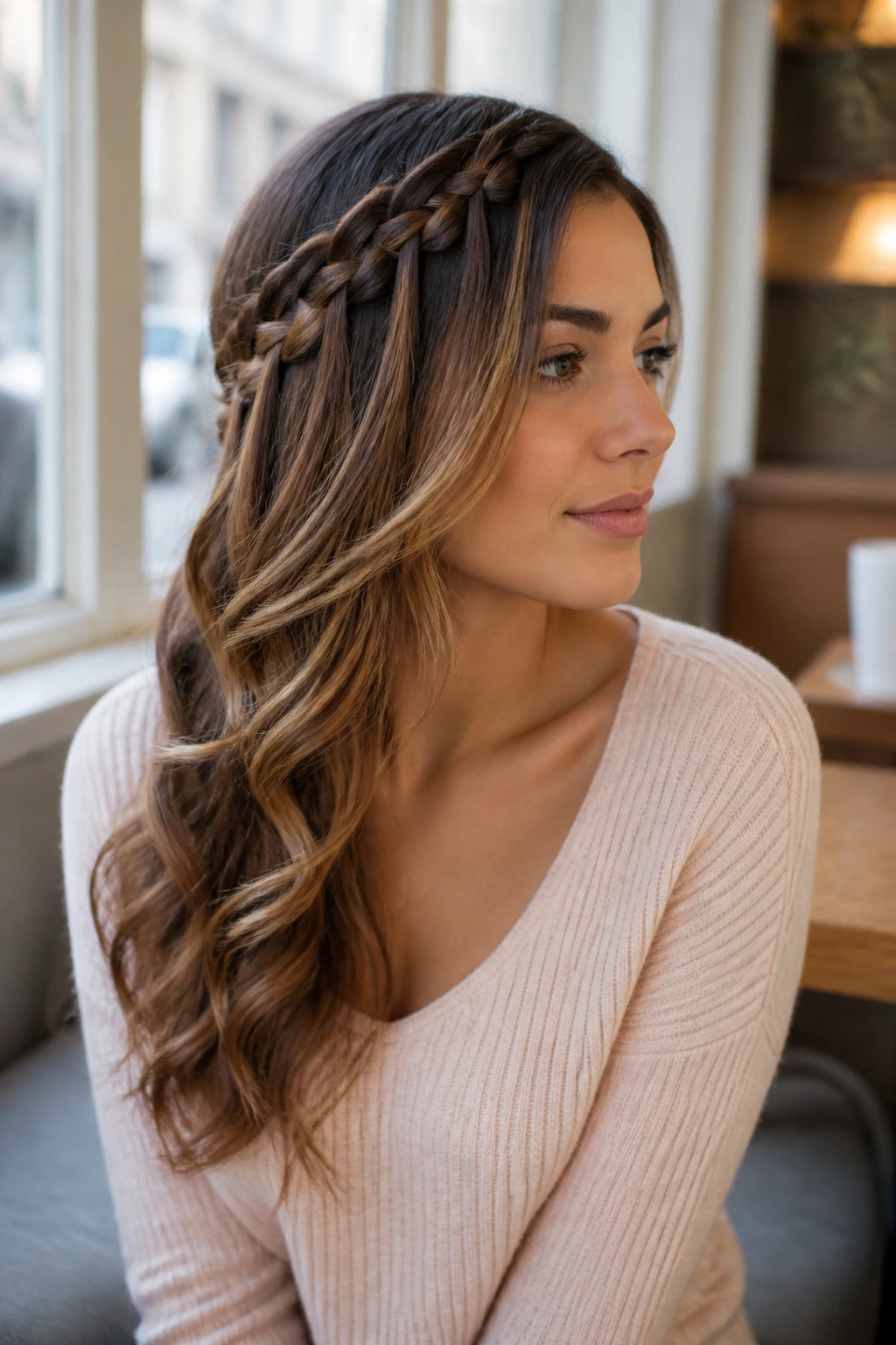 Real woman with a waterfall braid swept to one side resting over her shoulder