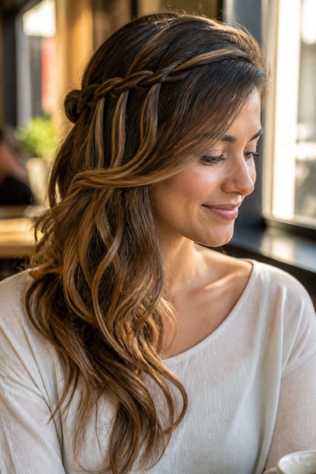 Close-up of a woman with a waterfall braid that flows to the side, open texture around the face