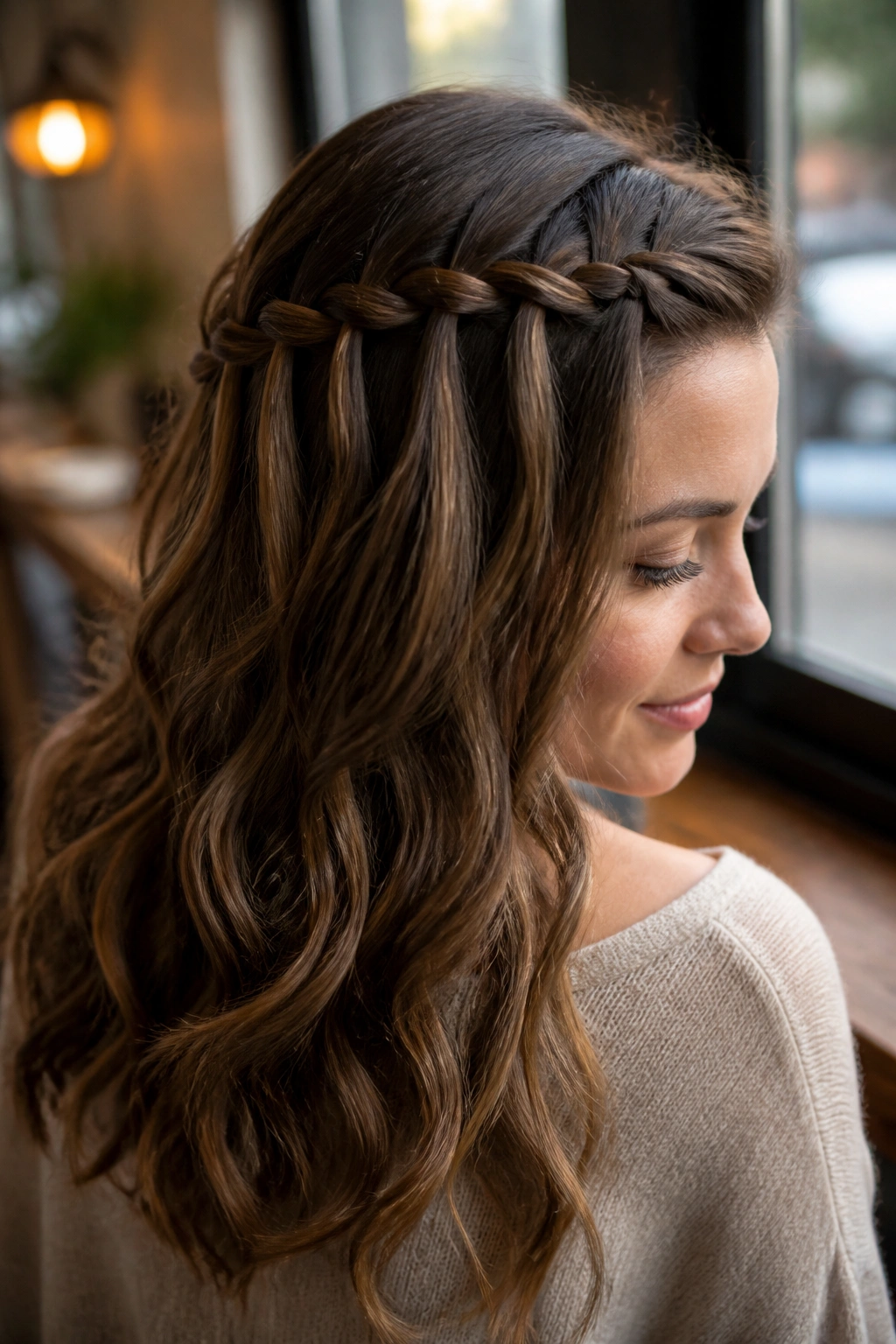 Close-up portrait of a real woman with a waterfall braid in thick wavy hair