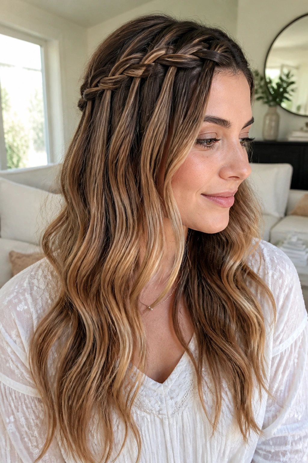 Close-up of a woman with a waterfall braid over loose waves in bright sunlight